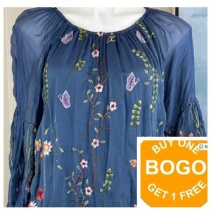 Belle France Blouse Silk Boho Peasant Blue Embroidery S